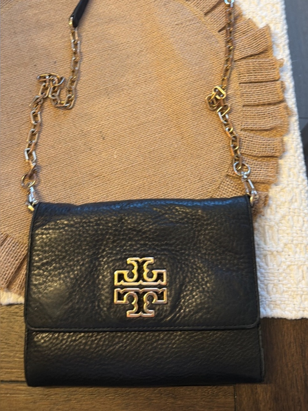 Tory Burch Black Pebbled Leather Crossbody with Gold Logo Chain